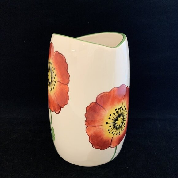 Poppies by Clay Art Hand Painted Oval Vase 7" 2001 Utensil Holder Pottery Vtg - Picture 3 of 12